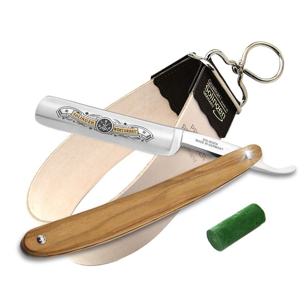 Professional Razor Set Made in Germany, Strop Sharpening Paste and Olive Wood Beard Knife from Solingen - Traditional Shaving Set Beard Care for Men Ideal for Shaving and Trimming