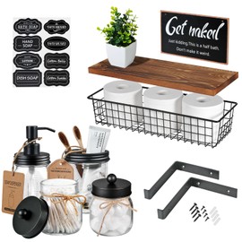 SheeChung Mason Jars Floating Shelves Set for Bathroom - 16oz Soap Dispenser, Toothbrush Holder, 2Pcs Qtip Holders, Paper Storage, Wall Mounted Farmhouse Decor, Artificial Plant, Decor Sign-Brown