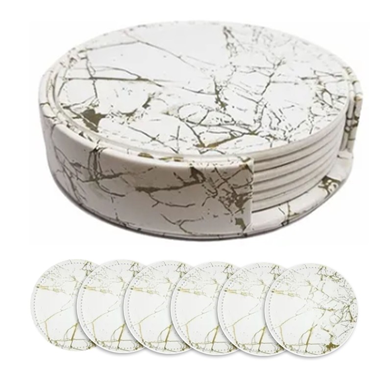 7PCS Drink Coaster Reversible Leather Round Platinum Marble Appearance 10cm