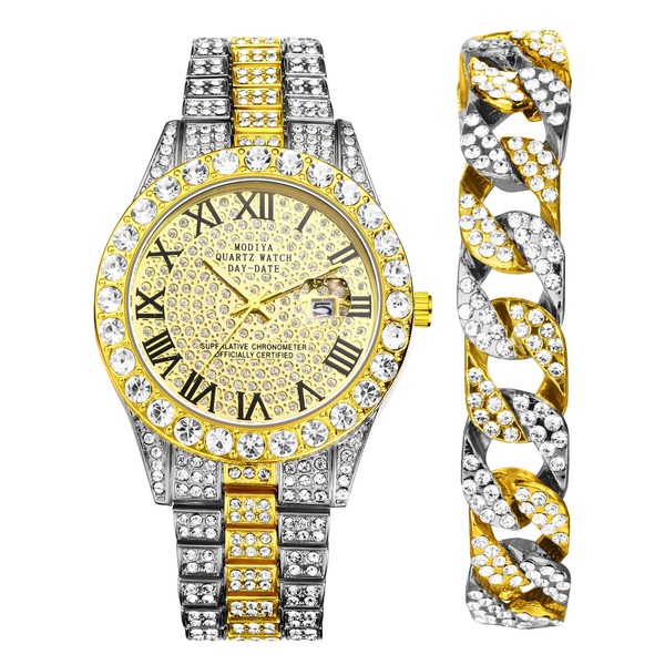 Aroncent Diamond Bracelet Watch Set: Hip Hop Golden Rhinestone Watch