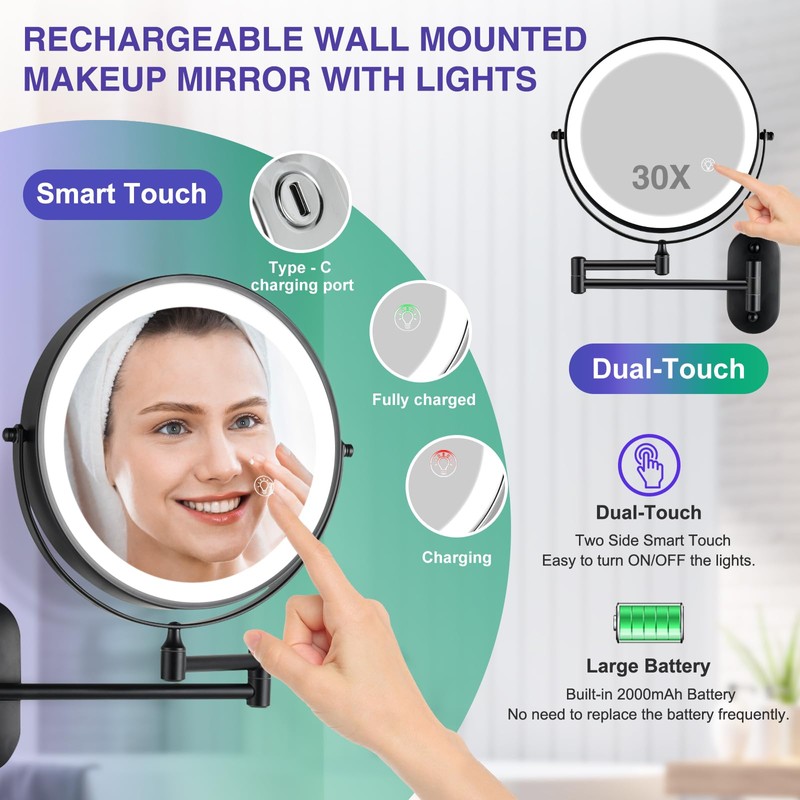 Wall Mounted Makeup Mirror with Light: 30X/1X 8.5'' Double Sided