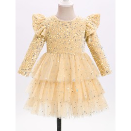 Odizli Children's Baby Girls Autumn Winter Long Sleeve Velvet Glitter Sequins Princess Tulle Dress Christmas Party Dresses, khaki
