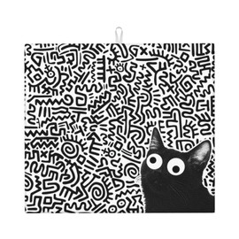 Black Cat Streak Dish Drying Mat 16"x18"Microfiber Absorbent Fast Dry Mat for Kitchen Counter Coffee Bar Funny Cat Large Drying Mat Kitchen Decor Gifts (Black Cat, 16x18 inches)