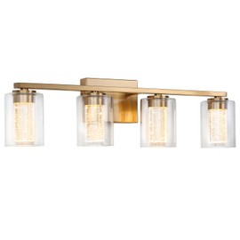 FILIMITIY 4-Light Gold Bathroom Vanity Light Fixture, Dimmable 5CCT Brushed Brass Bathroom Lights, 2700K-6500K Modern LED Wall Sconce Over Mirror with Clear Glass and Crystal Bubble