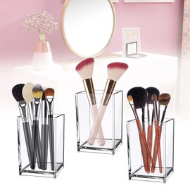 YAANBUNB Pack of 3 Pen Holder Desk Transparent Plastic Brush Holder Transparent 10 x 6.5 x 6.5 cm Pen Holder Clear Plastic Square Pen Holder for Eyeliner Make Up Office Home