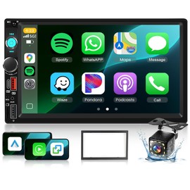 Double Din Car Stereo with Apple CarPlay Wireless Android Auto, 7-Inch IPS Touch Screen Radio, Bluetooth 5.2, FM Radio,Head Unit with Online Video EQ USB/Type-C/TF Card/Aux Ports Backup Camera+Frame