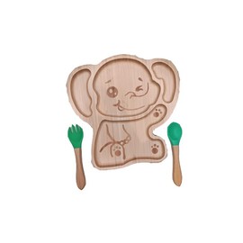 Baby & Toddler Bamboo Suction Plate Set for Feeding and Weaning - Green Baby Elephant Design by Bamboo Gift Company
