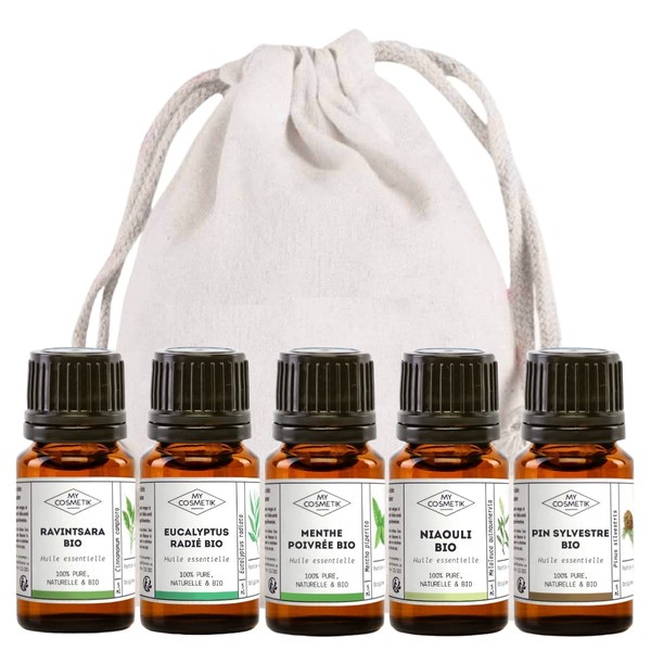 Pack of 5 Essential Oils - Winter Selection - Ravintsara Radiant Eucalyptus, Peppermint, Niaouli, Scots Pine - MY COSMETIK - 5 x 5 ml
