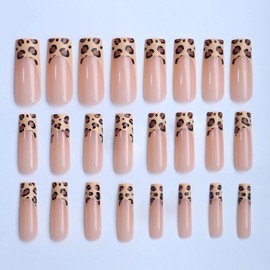 BABALAL Long Press on Nails Square Fake Nails Brown Glue ons Nails Wild Cheetah Design Acrylic Fall Nails 24Pcs French Tip Squoval False Nails