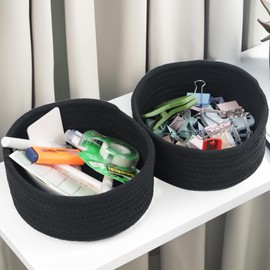Small Basket, Set of 3 Woven Baskets, Cotton Rope Small Baskets for Organizing, Cute Mini Tiny Storage Basket for Gifts, Decorative Boho Round Bathroom Organization Bin (Black)