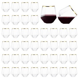 Hyuetrsa 40 Pcs Plastic Wine Cups Gold Rim Plastic Diamond Wine Glass Disposable Stemless Wine Glasses Unbreakable Diamond Wine Glasses for Housewarming Birthday Party Wedding
