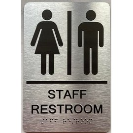 Restroom / Unisex ADA Compliant sign with Raised letters/Image & Grade 2 Braille - Includes Red Adhesive pad for Easy Installation (6" W x 9" H,Brushed Aluminum/silver) - The park Ave Line (STAFF RESTROOM)