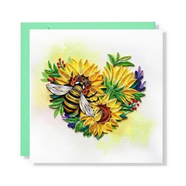 MeeSunnie Sunflower Heart with Bee Card, Quilling Cards for All Occasions, Birthday, Mothers Day, Anniversary, Watercolor Classy Card for Women, Mom