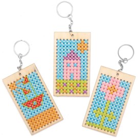 Baker Ross AT805 Cross Stitch Key Rings Make Your Own Colourful Keyring Charms, Arts and Crafts for Kids (Pack of 3), Blue,Green,Orange,Pink,Purple,Red