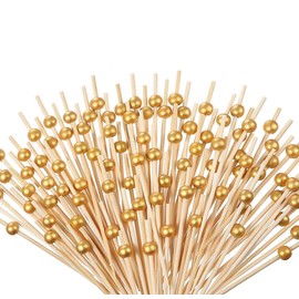100 Pieces Bamboo Cocktail Picks, BetterJonny Wooden Toothpicks pearl Fruit Sticks for Wedding Birthday Party Supplies (gold beads)