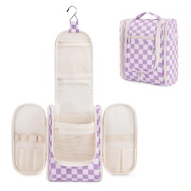 Narwey Travel Hanging Toiletry Wash Bag Makeup Cosmetic Organizer for Women (Purple Checkerboard (Small))