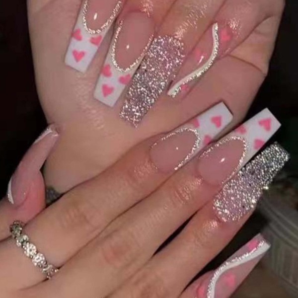 Hkanlre Press on Nails Long Coffin Fake Bling Nails Acrylic