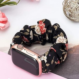 Compatible with Spade & Co Health Smartwatch 4 bands, Fabric Elastic Scrunchie Elastic Watch Band Cute Replacement Straps Compatible with Spade & Co Health Smartwatch 4 1.85 Inches (2 Pack-Black+Black Flower, 22mm size band)