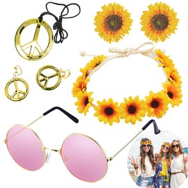 70s Hippie Accessories, 70s Accessories for Women Include Flower Crown Headband Wristband and Hippie Sunglasses, Peace Sign Necklace and Earrings, for 60s 70s Fancy Dress Women Accessories