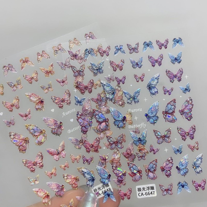 TailaiMei Butterfly Nail Stickers, 2 Sheets 5D Glitter Design Self-Adhesive