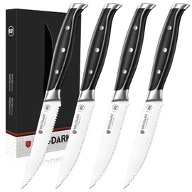 BRODARK Steak Knives Set of 4, Serrated Steak Knives with Full Tang Handle, High Carbon Stainless Steel Steak Knife Set, NSF Certified, Steel-King Series