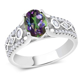 Gem Stone King 925 Sterling Silver Gemstone Birthstone Ring for Women | Oval 8X6MM | Milgrain and Filigree Detail | Engagement Wedding Anniversary Jewelry | Green Mystic Topaz | 9