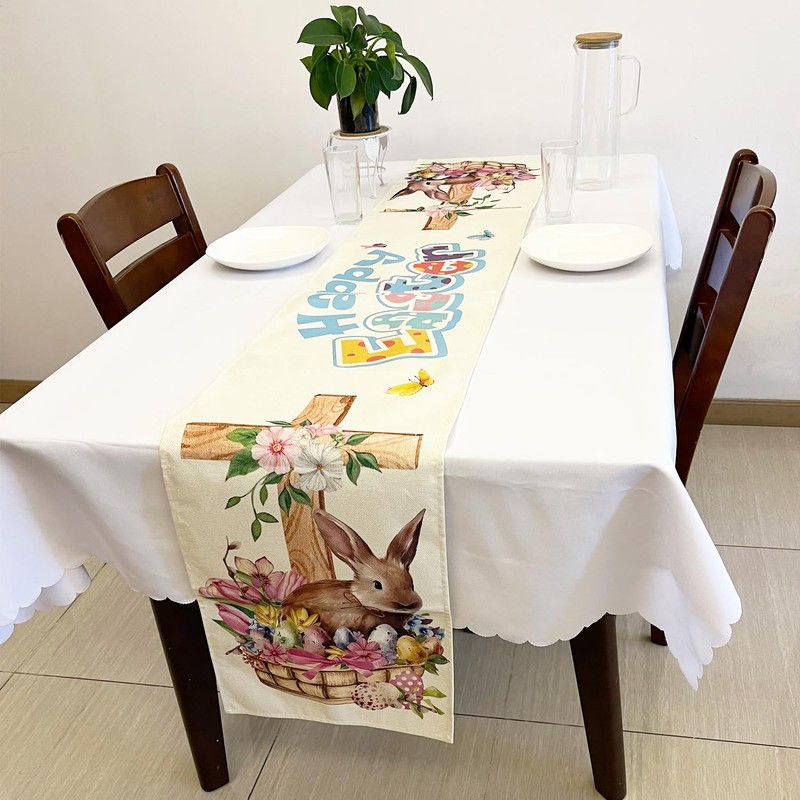 SEAHUI Happy Easter Rabbit Table Runner Rabbit Flower Cross Table