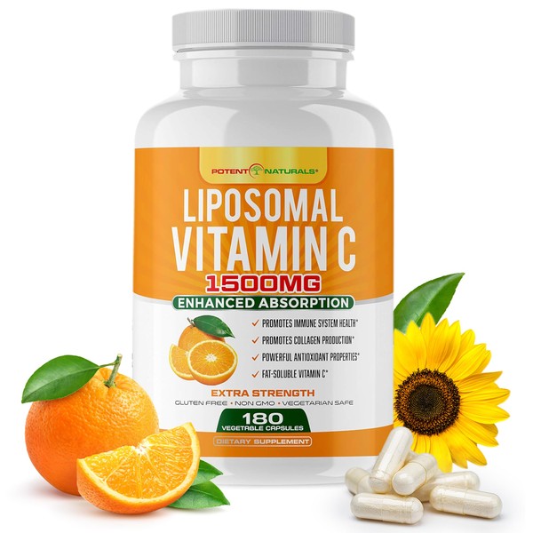 POTENT NATURALS Liposomal Vitamin C 1500mg, Vitamin C Supplement - High Absorption Ascorbic Acid - Immune-Support Supplement & Helps Collagen Production- 180 Capsules
