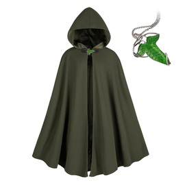 Medieval Costume Cloak with hood men Adult Renaissance Hooded Cloak with Green Leaf Brooch Necklace (Green)