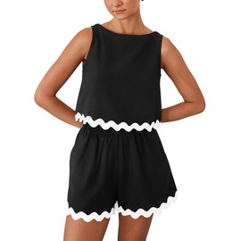 PRETTYGARDEN Women's 2 Piece Beach Vacation Outfits Casual Cropped Tank Top High Waist Shorts Set Tracksuit (Black,Large)