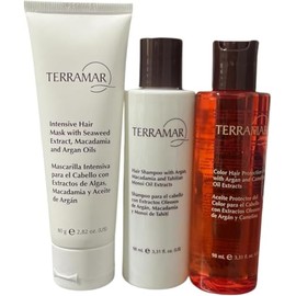 Terramar Kit de Cuidado del Cabello, Aceite Protector de Color con Argán y Camelia, Champú con Aceites de Argán y Macadamia, Mascarilla Intensiva con Algas, 3 Piezas + regalo sorpresa