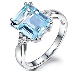 FZO Creative 925 Sterling Silver Womens Rectangle Sapphire Ring Shiny 18K Square Blue Gemstone Ring CZ Zirconia Diamond Topaz Ring Eternity Engagement Wedding Band Promise Cocktail Ring ST.331, 10, Sterling Silver, Cubic Zirconia