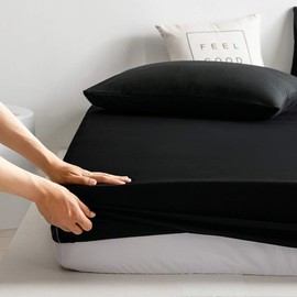 Good Nite Fitted Sheet Bed Sheets Single Double King Size 25CM Extra Deep Pocket Soft and Breathable Machine Washable Fitted Bedding Sheets (Black, King)