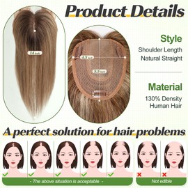 starluck Hair Toppers for Women, Real Human Hair 130% Density, Silk Base Three Clips in Topper, Hair Loss Cover with Bangs, Hair Extensions for Thinning Hair, Ombre Ash Blonde(14inch)