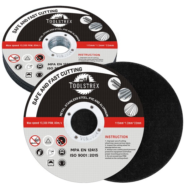 TOOLSTREX Angle Grinder Discs 10-Piece, Strong and Durable, Ultra -Thin Metal Cutting Discs for Fast & Precise Cutting of Steel, Iron, Aluminum, & Ferrous Metals - 115mm x 1.2mm