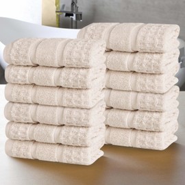 Superior Cotton Face Towel/Washcloth Set, Zero Twist, Waffle Border, Small Facial Towels, Spa, Hotel, Guest, Home, Bathroom Basics, Plush Soft Absorbent, Luxury Quick Drying, Set of 12, Ivory
