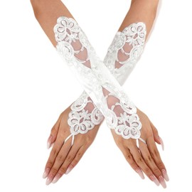 Latious Fingerless Satin Gloves Ivory Sequin Lace Wedding Gloves Beads Short Gloves for Women (Ivory)