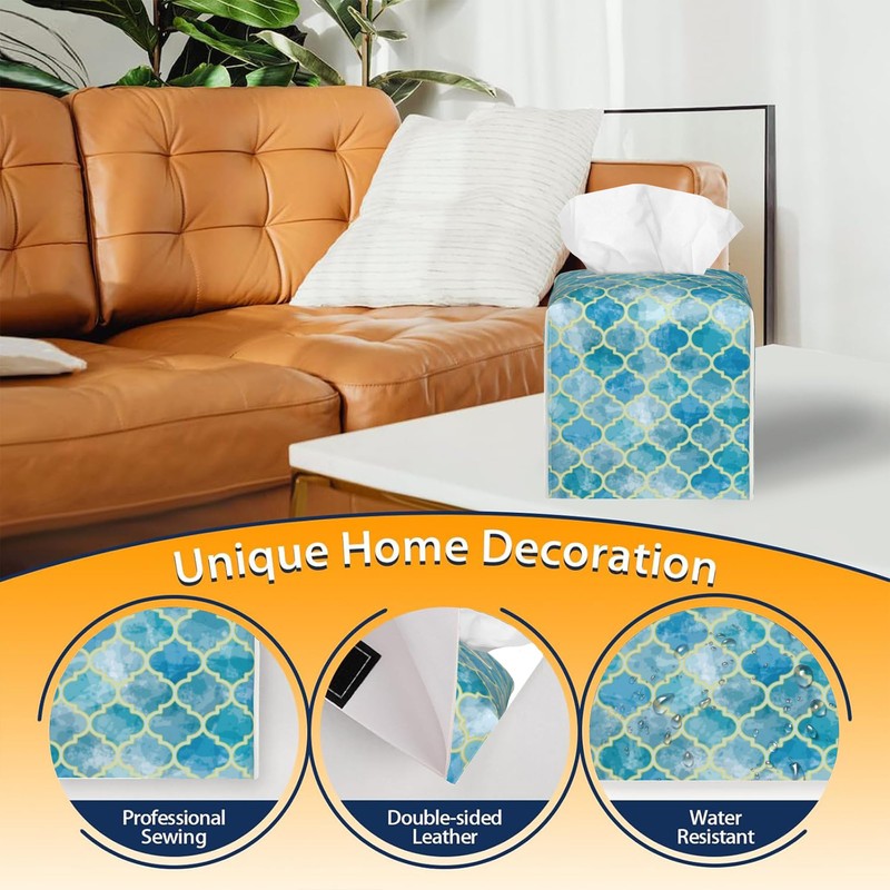 Blue Moroccan Quatrefoil Tissue Box Cover Leather Tissue Box Holder