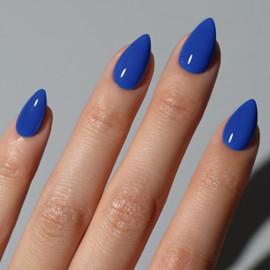 KQueenest Soft Gel Press on Nails Short - Sheer Royal Blue Nails for Sticking Short Almond, Plain Elegant Blue Fake Nails Set, Shiny Natural Artificial Nails Set for Women, 30 Pieces