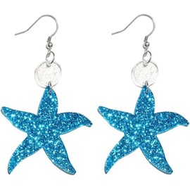 Cute Blue Starfish Glitter Dangle Drop Earrings for Women Beach Hook Dangling Lightweight Hypoallergenic Fashion Jewelry (Blue, One size)