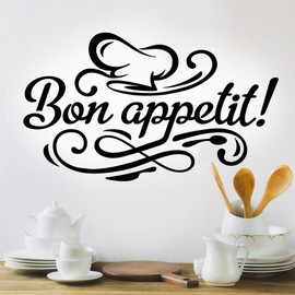 Bon appetit wall sticker kitchen decal quotes lettering room decor coffee black vinyl dining quote decoration accessory stickers art cafe pub restaurant cup chief toque transfers decals mural stencils