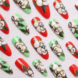 Rose Flower Press on Nails Medium Almond Fake Nails with golden Line Rose Designs Stick on Red Green False Nails Glossy Full Cover Glue on Nails Acrylic Nails for Coquette Women Girls 24Pcs