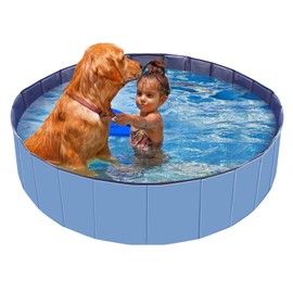 Foldable Dog Bath Swimming Pool, Moclever 63 x 12 inch Collapsible Large Pool Bathing Swimming Tub Kiddie Pool for Dogs Kids, Blue