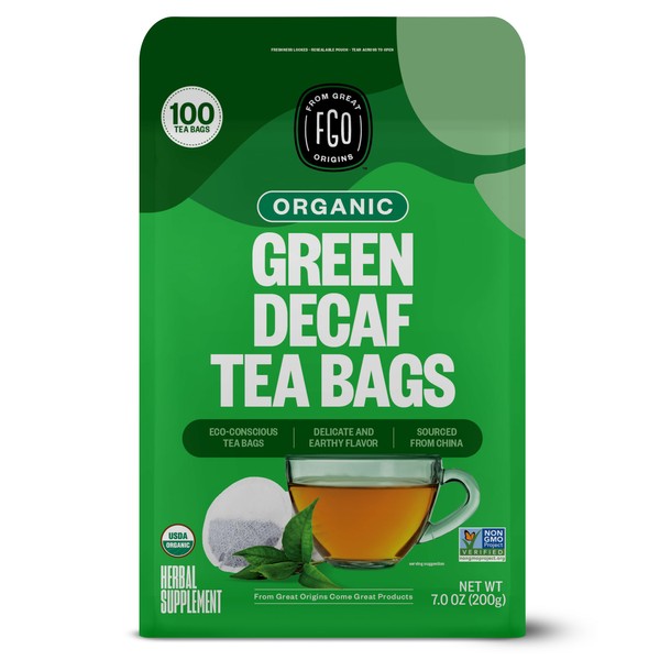 FGO Organic Green Decaf Tea, 100 Count, Eco-Conscious Tea Bags,