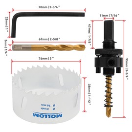 MOLLOM (76mm | 3") HSS M42 with 8% Cobalt BI-Metal Hole Saw with 2 Pilot Drill Bits & Arbor Smooth Cutting for PVC,Drywall,Wood,Plastic,Gypsum Board,Rubber