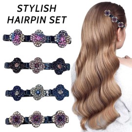 Pack of 4 Hair Clips with Sparkling Crystal Stones, Elegant Hair Styling Clips, Rhinestone Hair Clips, Braided Rhinestone Hair Clips for Women and Girls, Double Layer Hair Clips for Women and Girls