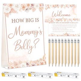 JCTHKUKU 64 Pcs Guess Baby Shower Games Include How Big is Mommy's Belly Sign 50 Guessing Cards 10 Pencils 3 Measuring Tapes for Measure the Belly Baby Shower Game Gender Reveal Party (Boho)