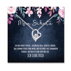 An meinen Schatz Necklace with Card Heart Chain with LED Box and Saying for Women Wife Partner Girlfriend or Fiancée for Anniversary Birthday Christmas, Stainless Steel, Cubic Zirconia