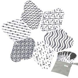 Juego de 7 piezas, 1 mini bolsa húmeda + 6 almohadillas sanitarias absorbentes reutilizables / almohadillas menstruales de tela de bambú lavables (L,gris)