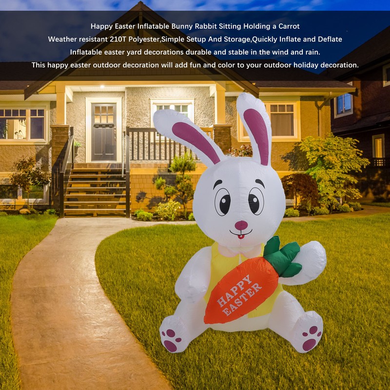 59.8in Inflatable Happy Easter Bunny Decoration Inflatable Rabbit Sitting Holding